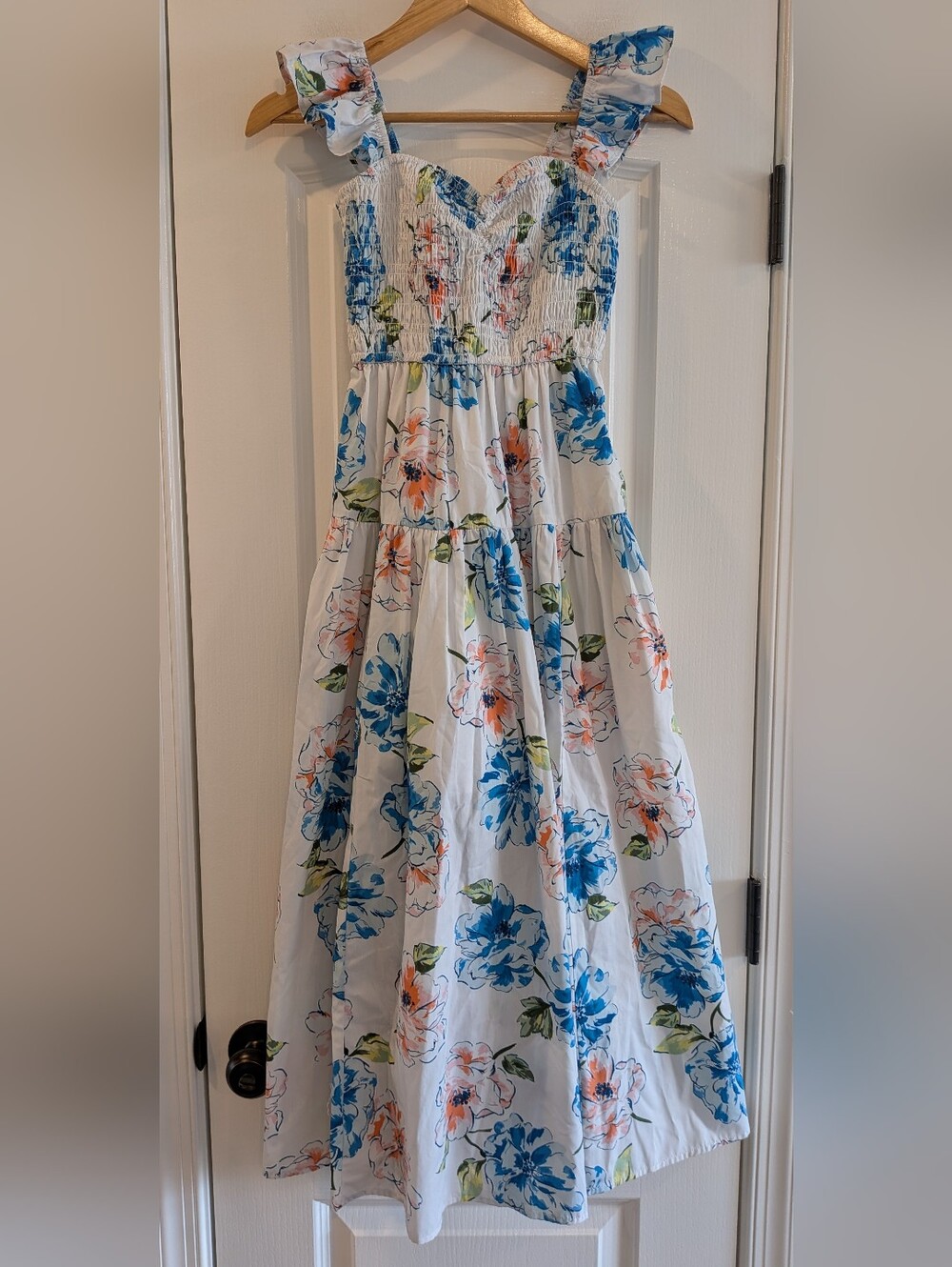 Abercrombie & Fitch Ruffle Strap Smocked Midi Dress Floral Poplin White Size XS - Picture 3 of 15